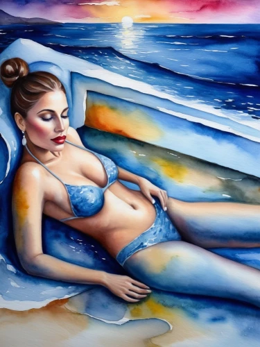 watercolor pin up,glass painting,bodypainting,amphitrite,nereid,watercolor mermaid,bather,sirene,odalisque,the sea maid,fabric painting,art painting,body painting,watercolor painting,beach towel,blue painting,sirena,woman on bed,naiad,oil painting,Illustration,Paper based,Paper Based 24