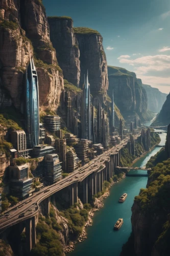 futuristic landscape,superhighways,citadels,valerian,ecotopia,futuristic architecture,themyscira,industrial landscape,europacorp,canyon,skyfall,skybridge,arcology,highways,elves country,metropolis,fantasy landscape,city highway,highway bridge,ancient city,Photography,General,Cinematic