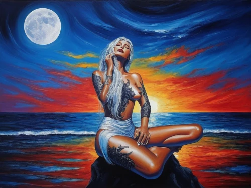 mother earth,kundalini,blue moon,amphitrite,shamanic,oil painting on canvas,bodypainting,sirene,art painting,earth chakra,oshun,praying woman,pintura,ariadne,sacred art,dream art,fantasy art,the zodiac sign pisces,vishwamitra,purnima,Illustration,Realistic Fantasy,Realistic Fantasy 33