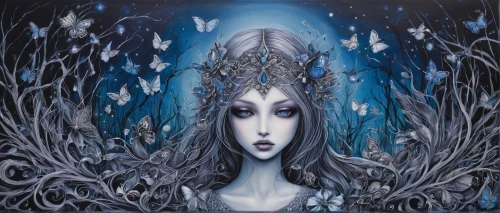 blue enchantress,the snow queen,unseelie,undine,hecate,naiad,naiads,malefic,cailleach,adere,imbolc,faerie,melusine,amphitrite,fairie,blue snowflake,hekate,bluebell,seelie,elenore,Illustration,Abstract Fantasy,Abstract Fantasy 14