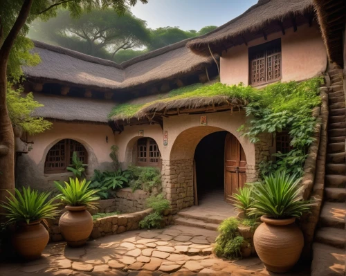 korean folk village,asian architecture,ancient house,gulangyu,traditional house,courtyards,courtyard,leshan,teahouses,hushan,hacienda,teahouse,patios,inside courtyard,roof landscape,qingcheng,haveli,yangshao,longshan,shaoxing,Illustration,Black and White,Black and White 21