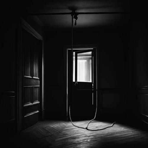 empty room,abandoned room,telephone hanging,condemned,creepy doorway,key rope,hanging light,empty interior,cold room,nooses,in isolation,chambre,floor lamp,anteroom,asylums,dark cabinetry,housebound,dislodging,sanitarium,sanitorium,Photography,Black and white photography,Black and White Photography 01