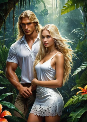 adam and eve,garden of eden,fantasy picture,cairenes,tarzan,fantasy art,coconut perfume,secret garden of venus,amazonians,young couple,melian,romantic scene,centaurs,girl and boy outdoor,beautiful couple,supercouple,landscape background,romantic portrait,amazonian oils,philodendrons,Conceptual Art,Fantasy,Fantasy 12