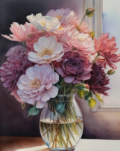 flower painting,peony bouquet,chrysanthemums bouquet,pink chrysanthemums,chrysanthemums,pink dahlias,dahlias,peonies,carnations arrangement,pink carnations,vase,bouquet of carnations,flower vase,spring carnations,floral composition,margriet,peony pink,filled dahlias,pink peony,peony,Illustration,Paper based,Paper Based 23