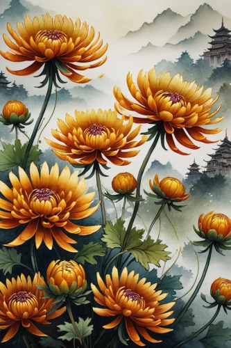 chrysanthemum background,flower painting,chrysanthemum flowers,chrysanthemums,korean chrysanthemum,autumn chrysanthemum,chrysanthemum,chrysanthemum exhibition,golden lotus flowers,japanese floral background,yellow chrysanthemums,celestial chrysanthemum,flower background,flower art,oriental painting,siberian chrysanthemum,african daisies,garden chrysanthemums,lotus flowers,yellow chrysanthemum,Illustration,Abstract Fantasy,Abstract Fantasy 19