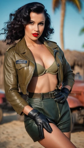bombshells,leathery,bettie,pin-up model,nayer,militar,amazona,pin ups,retro pin up girl,militare,superfortress,desert rose,seagal,retro women,femme fatale,pin up girl,retro woman,latex,militaires,beach background,Photography,General,Cinematic