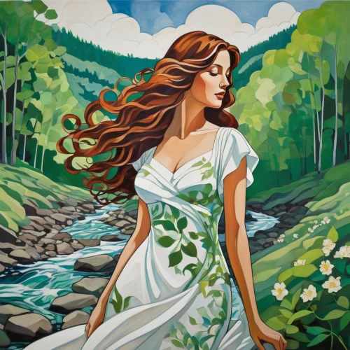 diwata,celtic woman,girl on the river,lilly of the valley,mother earth,david bates,mother nature,art painting,streamside,tuatha,ninfa,countrywoman,dryad,procris,landscape background,idyll,oil painting on canvas,amphitrite,girl in a long dress,amazonas,Art,Artistic Painting,Artistic Painting 44