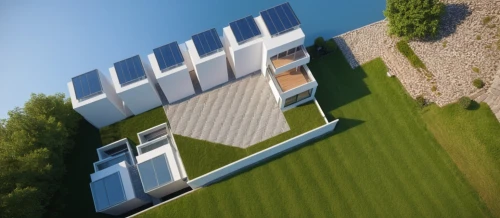 modern house,3d rendering,inverted cottage,cubic house,mid century house,cube house,solar panels,grass roof,solar cell base,modern architecture,solar panel,solar modules,revit,sketchup,folding roof,solar photovoltaic,sky apartment,frame house,residential house,renders,Photography,General,Realistic