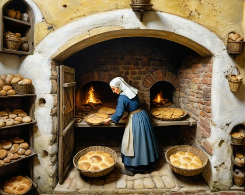 girl with bread-and-butter,breadmaking,woman holding pie,ovens,miniaturist,candlemaker,boulangerie,bakery,basketmakers,woman praying,stone oven,cannon oven,foundress,medieval market,clergywoman,breadline,nunery,praying woman,basketmaker,benedictine,Art,Classical Oil Painting,Classical Oil Painting 28