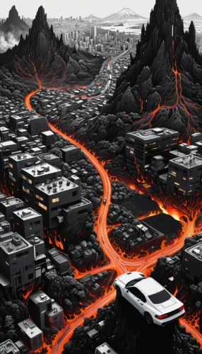 city in flames,destroyed city,scorched earth,fire land,apocalyptic,post-apocalyptic landscape,burned land,inferno,firestorms,lake of fire,burning earth,lava river,magma,post apocalyptic,firelands,carmageddon,lava,cataclysm,fire background,simcity,Illustration,Black and White,Black and White 09