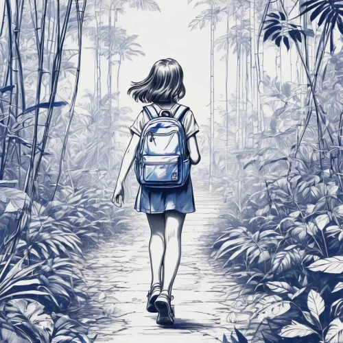 girl walking away,forest walk,wandering,walking in a spring,pathway,wander,walk,digital illustration,walking,nature trail,exploration,letterboxing,terabithia,getting lost,trail,forest path,hiking path,walk in a park,hiking,backpacking,Unique,Design,Blueprint