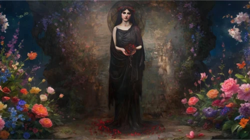 persephone,gothic portrait,way of the roses,isoline,belladonna,gothic woman,unseelie,girl in flowers,kahila garland-lily,rosarium,diamanda,beltane,with roses,mourners,magdalene,beheshti,seerose,fallen petals,widow flower,hecate