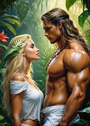 adam and eve,garden of eden,fantasy picture,cairenes,orishas,tarzan,amazonians,fantasy art,romantic scene,romantic portrait,garamantes,polynesians,pareja,mirin,romancing,herculean,beautiful couple,tropico,porus,man and woman,Conceptual Art,Fantasy,Fantasy 12