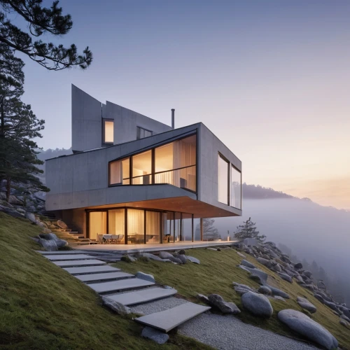 snohetta,house in mountains,house in the mountains,modern architecture,cubic house,cantilevered,dunes house,modern house,cantilevers,cube house,bohlin,forest house,cantilever,beautiful home,dreamhouse,cliffside,prefab,swiss house,mountain hut,roof landscape,Photography,General,Realistic