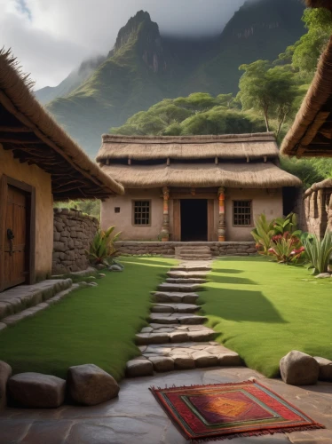 artificial grass,teahouses,dojo,rice terrace,zen garden,grass roof,roof landscape,amanresorts,asian architecture,japanese zen garden,teahouse,tulou,longhouse,green lawn,house in mountains,traditional house,ryokan,house in the mountains,home landscape,ricefield,Art,Classical Oil Painting,Classical Oil Painting 22