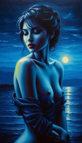 blue moon,oil painting on canvas,lacombe,oil painting,bodypainting,blue moon rose,viveros,blue painting,moondance,moonlit night,art painting,body painting,selene,moonlit,pintura,neon body painting,amphitrite,siggeir,oil on canvas,bodypaint,Illustration,Realistic Fantasy,Realistic Fantasy 25
