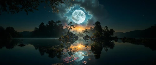 moon and star background,fantasy picture,mirror of souls,photomanipulation,magic tree,fractal environment,silmarils,photo manipulation,hanging moon,water mirror,mirror water,apophysis,the night of kupala,moon and star,little planet,world digital painting,moonlit night,kupala,3d background,fractals art