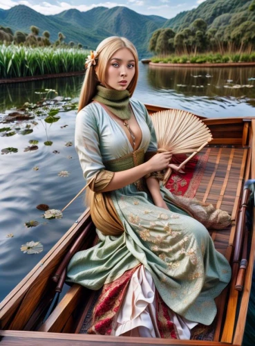 girl on the river,girl on the boat,the blonde in the river,fisherwoman,yasumasa,japanese woman,vietnamese woman,kantele,rowing dolle,on the river,canoe,boat landscape,girl in a historic way,boatman,coracle,vasilisa,canoeing,amazonica,world digital painting,perugini