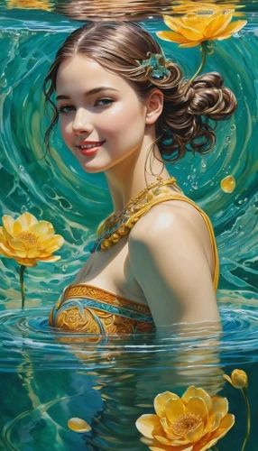 water nymph,water lotus,water rose,sirena,water lilly,water lilies,water lily,yellow rose background,amphitrite,water flower,flower water,flower of water-lily,water flowers,waterlily,girl on the river,naiad,the blonde in the river,waterlilies,sirene,nereid,Art,Classical Oil Painting,Classical Oil Painting 02