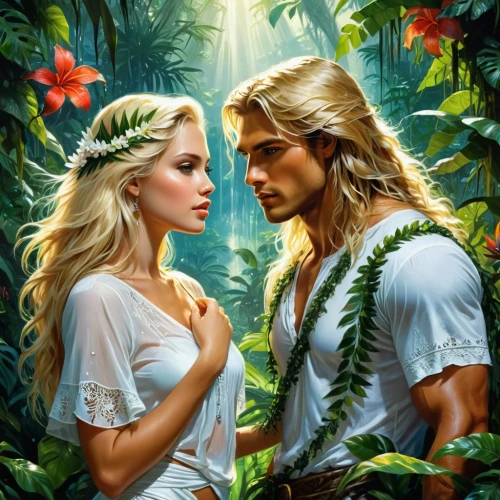 adam and eve,garden of eden,fantasy picture,romantic portrait,tarzan,tropico,polynesians,cairenes,romantic scene,glorfindel,young couple,beautiful couple,contra,fantasy art,fantasy portrait,coconut perfume,hawai,amazonians,pareja,melian,Conceptual Art,Fantasy,Fantasy 12