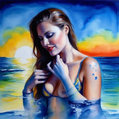 oil painting on canvas,amphitrite,oil painting,water nymph,watercolor pin up,bodypainting,nereid,girl on the river,art painting,bodypaint,body painting,sirena,azzurra,acqua,mousseau,bather,naiad,sirene,girl with a dolphin,girl on the boat,Illustration,Paper based,Paper Based 24