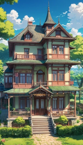 ghibli,studio ghibli,dreamhouse,wooden house,beautiful home,violet evergarden,house with lake,apartment house,house painting,forest house,house in the forest,miyazaki,house by the water,house silhouette,two story house,teahouse,country house,house,little house,victorian house,Illustration,Japanese style,Japanese Style 03
