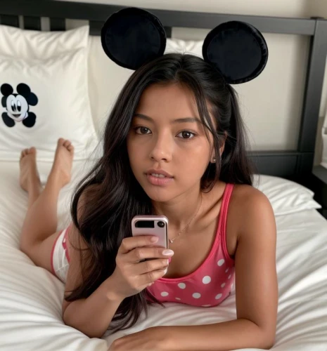 mouseketeer,minnie mouse,minnie,mouseketeers,girl in bed,micky mouse,ylonen,mickey,on the phone,bed,disneytoon,jordyn,mickey mause,pyjama,hotel room,micky,shyla,filipina,asian,disneymania