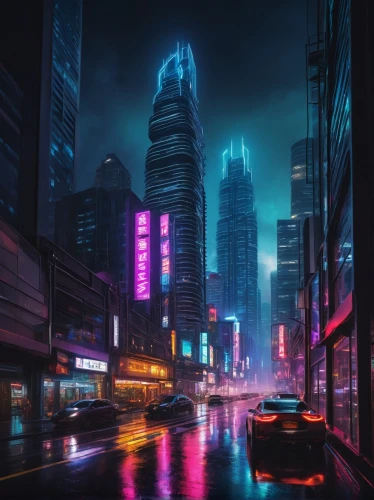 guangzhou,shanghai,cybercity,cyberpunk,city at night,shinjuku,cityscape,colorful city,makati,cybertown,lumpur,chongqing,kowloon,neon lights,futuristic landscape,kuala lumpur,fantasy city,kl,mongkok,cyberscene,Illustration,Retro,Retro 24