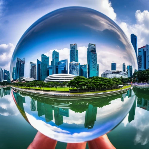 crystal ball-photography,glass sphere,lensball,crystal ball,crystalball,glass ball,giant soap bubble,glass orb,spherical image,little planet,singapore,soap bubble,earth in focus,360 ° panorama,magnifying lens,singapore landmark,lens reflection,spherical,hemispherical,stereographic,Photography,General,Realistic