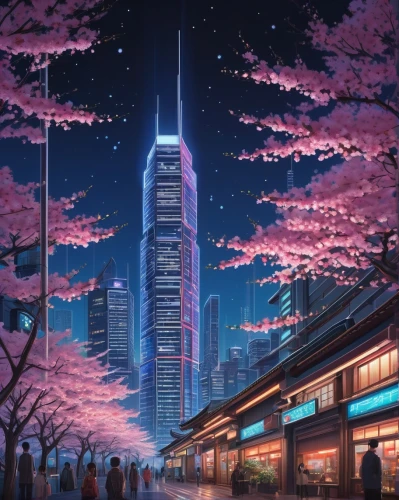 japanese sakura background,tanabata,sakura background,tokyo city,tokyo,shinjuku,kyoto,osaka,cityscape,sakura trees,sakura blossom,sakura,sakura blossoms,city at night,japan,hanami,sakura tree,tokyo ¡¡,tokio,cybercity,Illustration,Retro,Retro 16