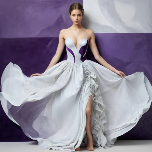 a floor-length dress,siriano,white with purple,ball gown,bridal gown,eveningwear,tahiliani,evening dress,the purple-and-white,ballgown,white purple,wedding gown,vionnet,wedding dresses,ballgowns,couturier,kleinfeld,gown,sposa,wedding dress,Illustration,Black and White,Black and White 32