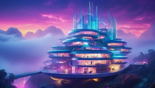 futuristic landscape,futuristic architecture,fantasy city,arcology,shambhala,sky space concept,alien ship,citadels,imagineering,innoventions,futuristic,lazytown,dreamhouse,fantasy picture,3d fantasy,fantasy landscape,fantasy world,skylands,cybertown,deltha,Illustration,Abstract Fantasy,Abstract Fantasy 10