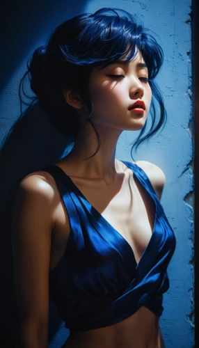 jasmine blue,blue background,asian woman,japanese woman,deep blue,blue rose,electric blue,blue enchantress,blue color,color blue,blue hawaii,oriental girl,blueness,shades of blue,midnight blue,blue moment,bluefly,blue petals,blue light,blue lamp,Illustration,Japanese style,Japanese Style 21