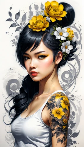 yellow rose background,geisha girl,tattoo girl,girl in flowers,viveros,sunflower lace background,rose flower illustration,widow flower,cheongsam,beautiful girl with flowers,flower girl,flower painting,cherokee rose,flower background,japanese floral background,jasmine blossom,geisha,diwata,floral background,chicana,Conceptual Art,Fantasy,Fantasy 03