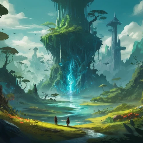 fantasy landscape,alfheim,mushroom landscape,hinterlands,fantasy picture,futuristic landscape,arenanet,mushroom island,lagoon,world digital painting,rift,uzala,fantasia,elven forest,oxenhorn,environments,datacraft,silverglade,fantasy art,fantasy world,Conceptual Art,Fantasy,Fantasy 02