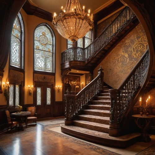entrance hall,staircase,foyer,outside staircase,ornate room,staircases,royal interior,hallway,upstairs,entryway,entranceway,interior decor,stairway,driehaus,lobby,victorian room,downstairs,ornate,stair,banisters,Illustration,American Style,American Style 03