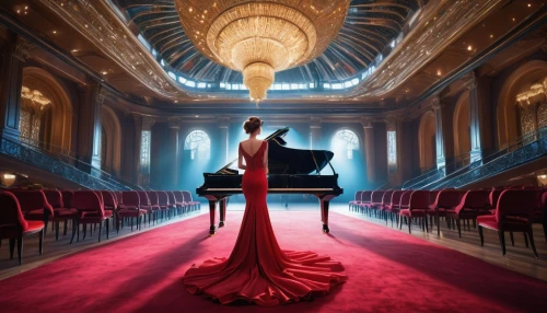 bolshoi,ballroom,burgtheater,concerto for piano,royal interior,concertgebouw,red gown,saint george's hall,grand piano,worshipful,music hall,onegin,traviata,the throne,wedding hall,hrh,concert hall,the piano,musical dome,coronation,Conceptual Art,Oil color,Oil Color 05