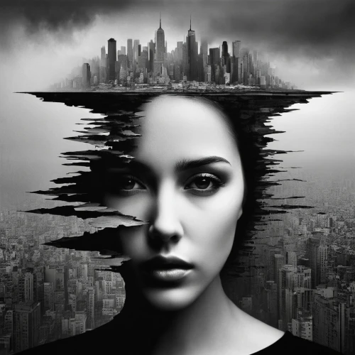 photo manipulation,image manipulation,photoshop manipulation,sci fiction illustration,photomanipulation,mindscape,telepath,photomontage,photomontages,replicant,city ​​portrait,dreamfall,precognition,woman thinking,world digital painting,black city,compositing,abnegation,head woman,media concept poster,Photography,Black and white photography,Black and White Photography 07