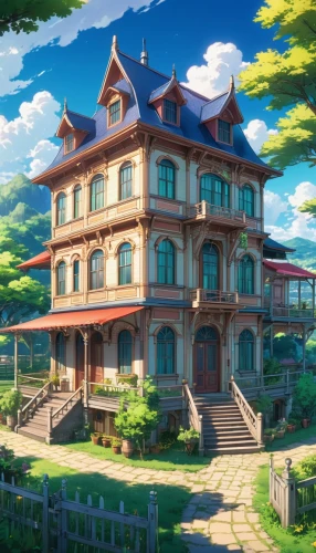 victorian house,studio ghibli,dreamhouse,ghibli,country house,country estate,wooden house,beautiful home,apartment house,yazaki,house painting,sylvania,old victorian,violet evergarden,butka,little house,private house,house by the water,two story house,maplestory,Illustration,Japanese style,Japanese Style 03