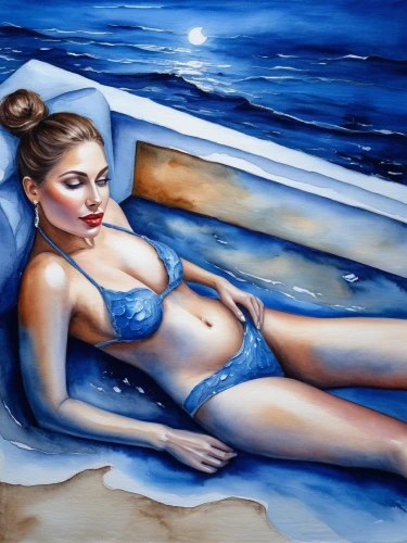 girl on the boat,watercolor pin up,azzurra,nereid,azzurro,oil painting,oil painting on canvas,odalisque,the sea maid,amphitrite,blue painting,donsky,jasinski,bather,water nymph,art painting,water sofa,blue waters,bodypainting,oil on canvas,Illustration,Paper based,Paper Based 24