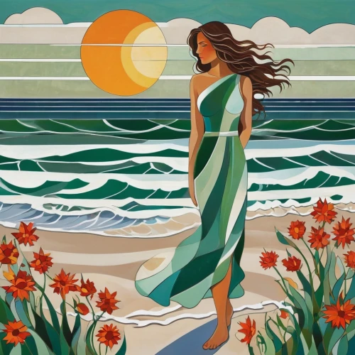 sea beach-marigold,beach towel,seaside daisy,sun and sea,art deco woman,beach background,beach landscape,beachgoer,travel poster,hualalai,carol colman,amphitrite,seashore,beach scenery,beachcomber,mediterranee,seaside,by the sea,beach walk,girl on the dune,Art,Artistic Painting,Artistic Painting 44