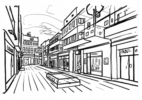 shopfronts,store fronts,sidestreets,storefronts,mono-line line art,sidestreet,shopping street,narrow street,alleyway,alleyways,streetscape,townscape,mono line art,old linden alley,pedestrianized,shophouses,line drawing,shops,rue,old street,Design Sketch,Design Sketch,Rough Outline