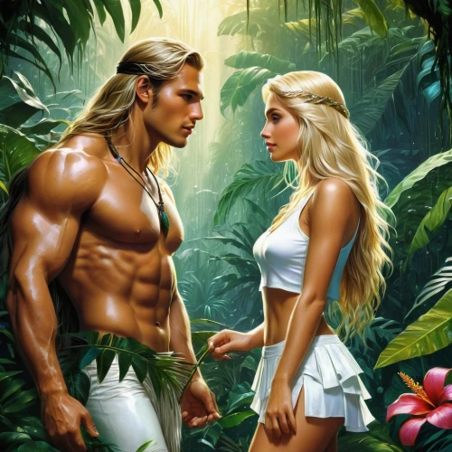 adam and eve,garden of eden,cairenes,tarzan,fantasy picture,romantic scene,amazonians,coconut perfume,orishas,pareja,beautiful couple,tropico,parejas,herculean,mirin,rugal,girl and boy outdoor,fantasy art,kamandi,basch,Conceptual Art,Fantasy,Fantasy 12