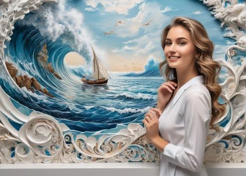 the sea maid,mermaid background,art painting,ocean background,girl on the boat,oil painting on canvas,creative background,girl with a dolphin,amphitrite,meticulous painting,fantasy art,sea fantasy,fantasy picture,at sea,3d art,the wind from the sea,wall painting,sea landscape,sea sailing ship,photo painting,Art,Classical Oil Painting,Classical Oil Painting 02