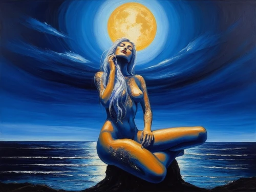 blue moon,amphitrite,solar plexus chakra,sirena,sirene,fathom,oshun,siren,cortana,aquarius,blue painting,nereid,naiad,moondance,venus,blue moon rose,blue enchantress,aum,kundalini,moonbeams,Illustration,Realistic Fantasy,Realistic Fantasy 33