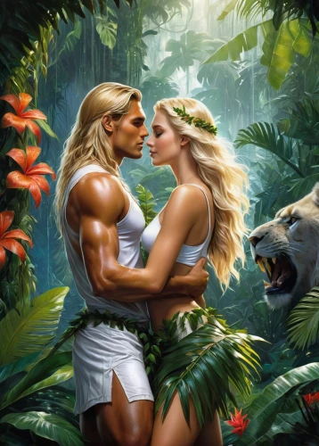 adam and eve,garden of eden,junglee,romantic scene,tarzan,fantasy picture,amazonians,parejas,wolf couple,tropico,pareja,lions couple,tropical animals,supercouple,jungles,romantic portrait,she feeds the lion,contra,nature love,couple in love,Conceptual Art,Fantasy,Fantasy 12