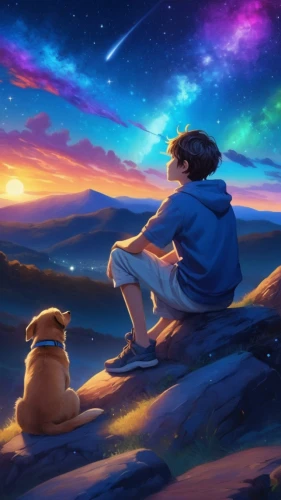 skygazers,skywatchers,stargazing,star sky,rainbow and stars,the stars,estrelas,children's background,konietzko,oogway,starry sky,background image,cosmos,youtube background,colorful stars,falling stars,astronomer,boy and dog,the night sky,starbright,Illustration,Realistic Fantasy,Realistic Fantasy 20