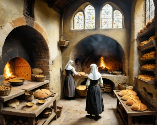 breadmaking,cheesemakers,medieval market,cheesemaker,candlemaker,basketmakers,ovens,cheesemaking,girl with bread-and-butter,storerooms,stone oven,apothecaries,churchwardens,boulangerie,parchment,baking bread,medieval,cannon oven,nunery,benedictines,Art,Classical Oil Painting,Classical Oil Painting 37