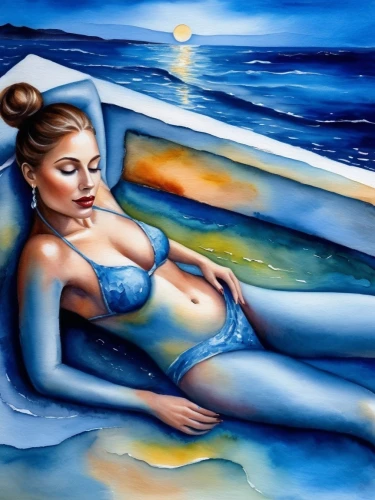 amphitrite,nereid,bather,glass painting,bodypainting,girl on the boat,watercolor pin up,sirene,body painting,odalisque,the sea maid,sirena,oil painting,art painting,ondine,naiad,oil painting on canvas,blue painting,azzurra,solarium,Illustration,Paper based,Paper Based 24