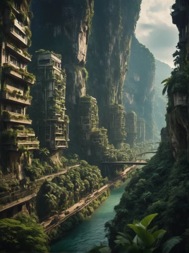 futuristic landscape,shaoming,fantasy landscape,rivendell,karst landscape,ancient city,terraformed,ecotopia,guilin,canyon,tigers nest,elves country,haicang,mountainous landscape,yavin,chongqing,guizhou,the valley of the,green valley,yangtze,Photography,General,Cinematic